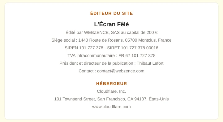 Carte d’identité de L’Écran Fêlé : nom, statut et coordonnées de son éditeur et de son hébergeur