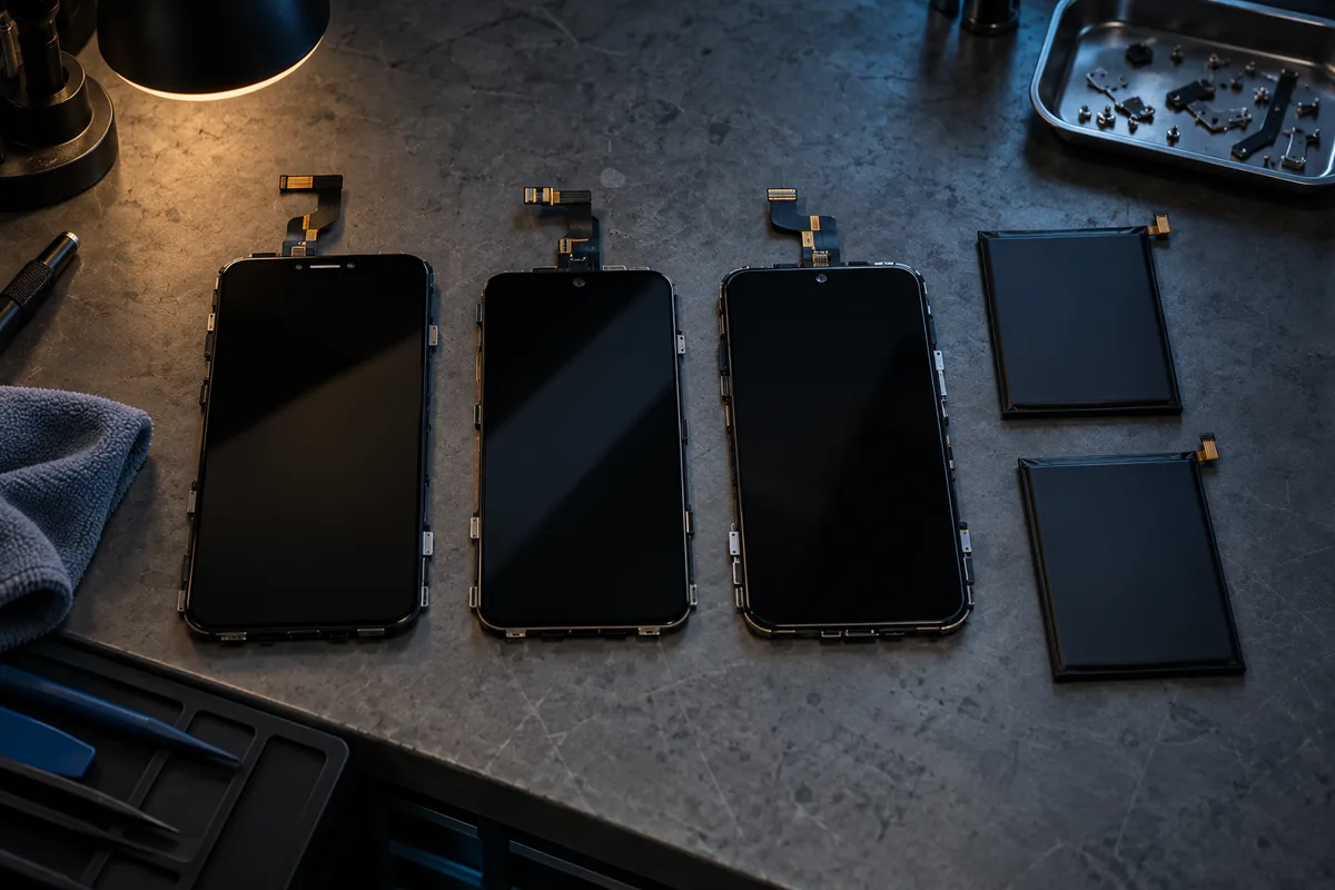 Écrans et batteries de remplacement pour smartphone posés sur un plan de travail d&rsquo;atelier