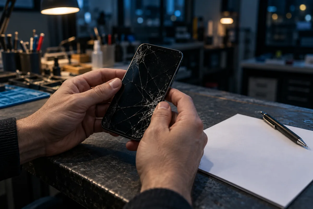 Mains tenant un smartphone à vitre fissurée au-dessus d&rsquo;un bon de dépôt sur un comptoir