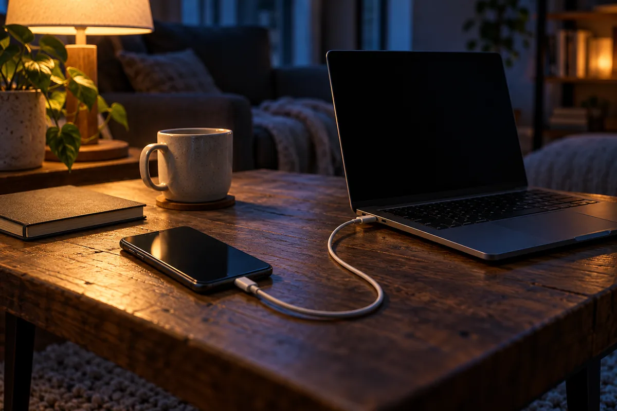 Smartphone relié par un câble à un ordinateur portable pour une sauvegarde avant réparation