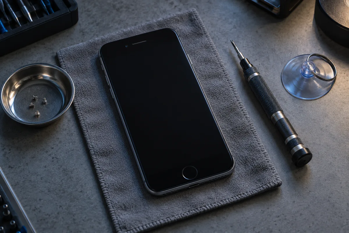Smartphone remonté posé sur un chiffon microfibre à côté d&rsquo;un tournevis de précision, vue de dessus