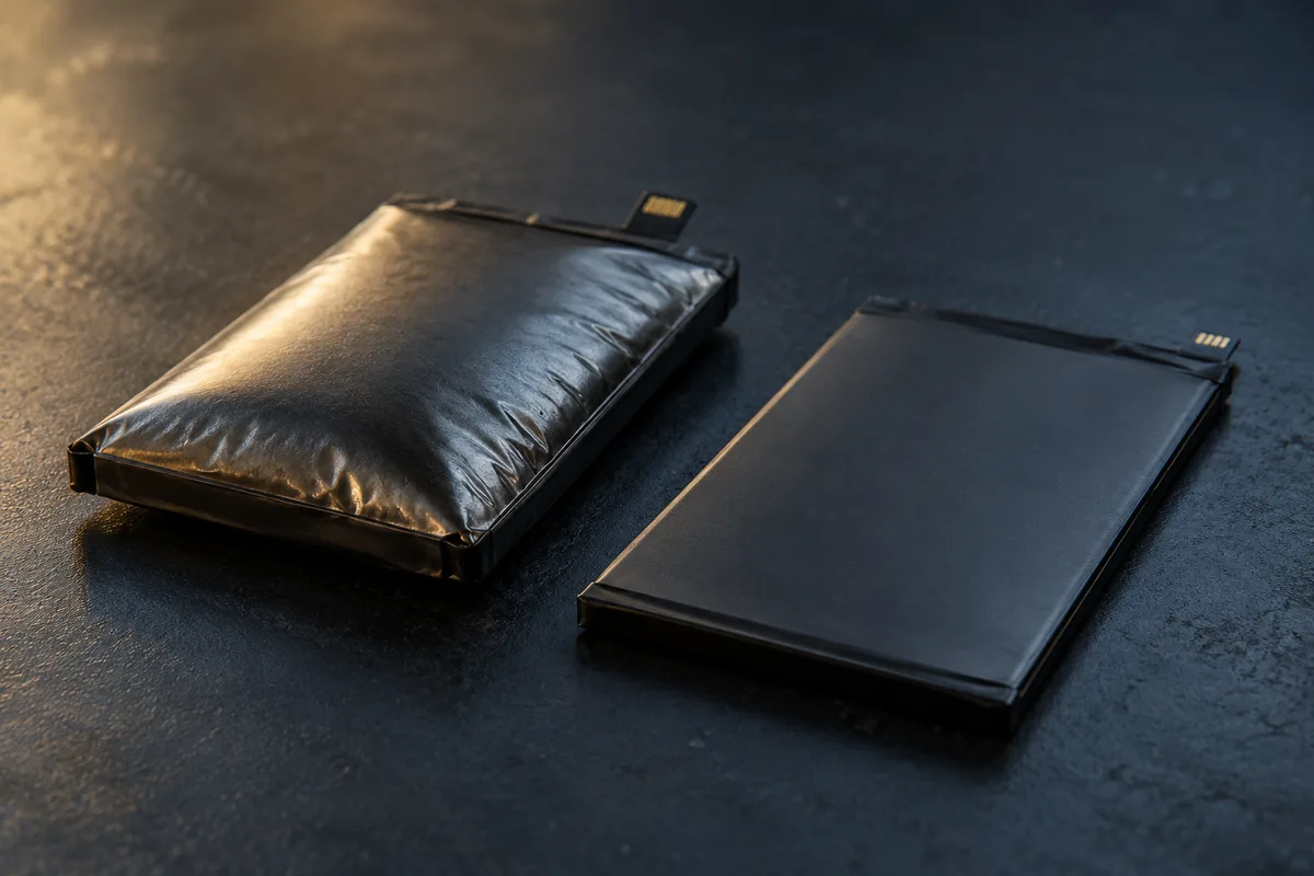 Batterie de remplacement pour smartphone posée à côté de l&rsquo;ancienne batterie gonflée