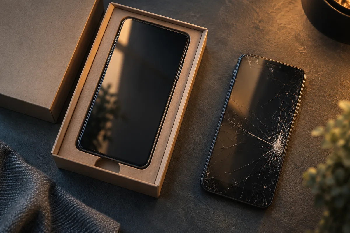 Smartphone reconditionné dans son emballage posé à côté d’un téléphone à l’écran fissuré
