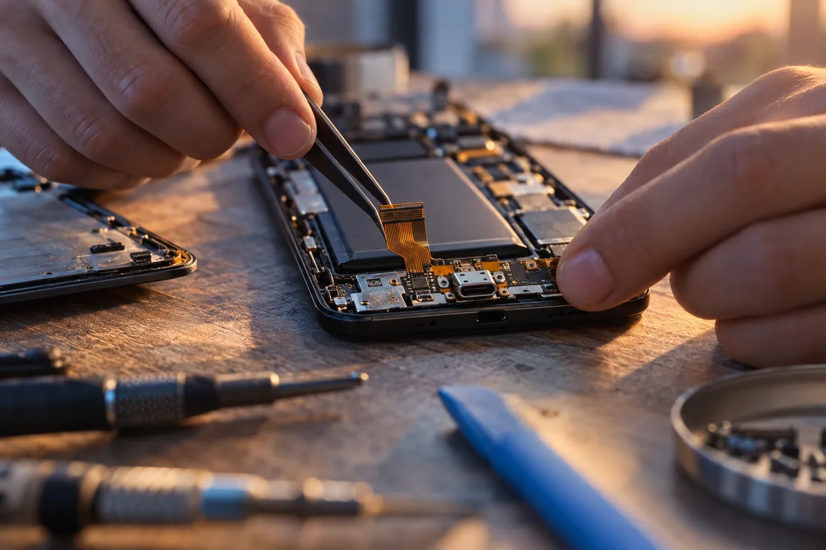 Technicien remplaçant la nappe du connecteur de charge d&rsquo;un smartphone ouvert