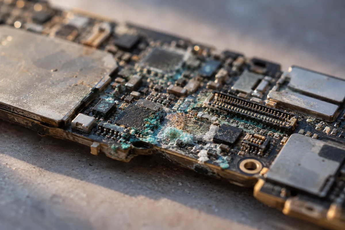 Carte mère de smartphone présentant des traces d&rsquo;oxydation après un contact avec l&rsquo;eau