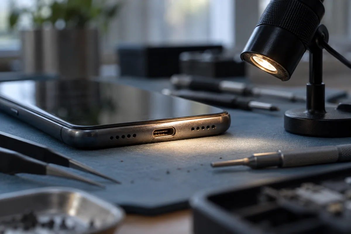 Gros plan sur le connecteur de charge d&rsquo;un smartphone examiné à la lampe lors d&rsquo;un diagnostic