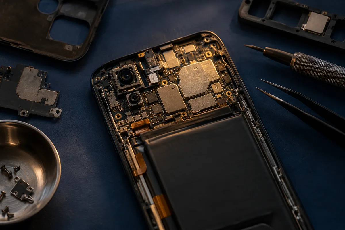 Smartphone ouvert sur un tapis antistatique pendant un examen de la carte mère