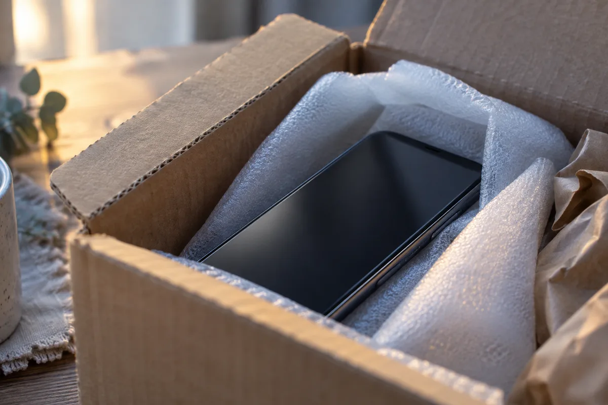 Smartphone emballé dans une boîte matelassée prête pour un envoi en réparation