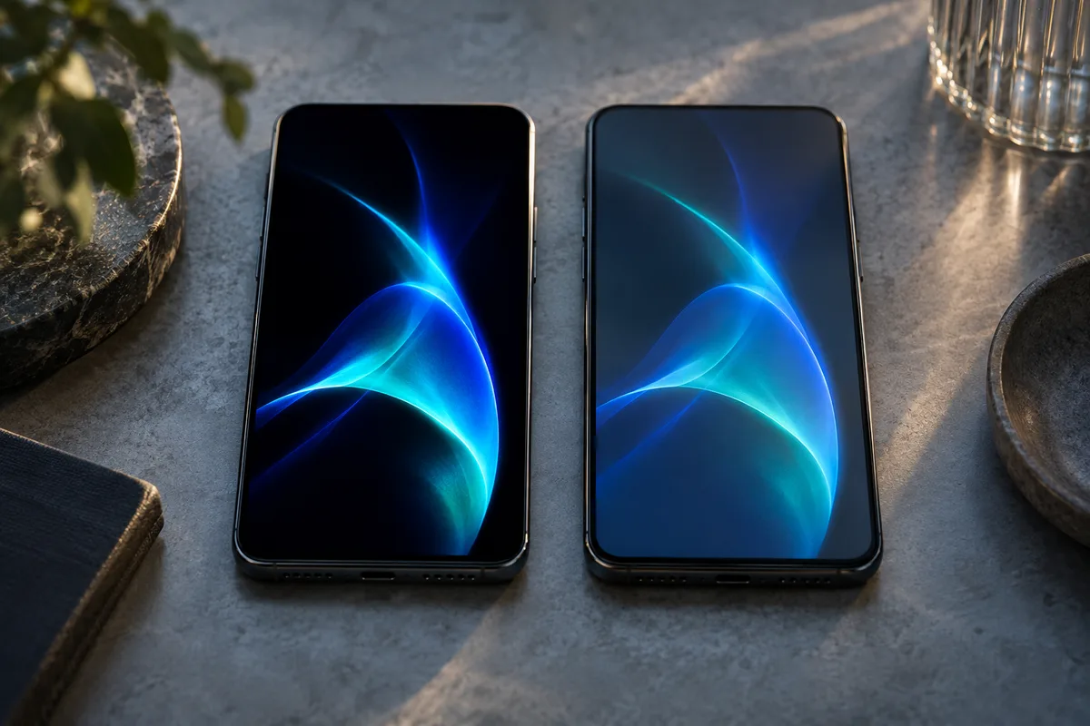 Comparaison de deux écrans de smartphone, une dalle OLED aux noirs profonds et une dalle LCD rétroéclairée