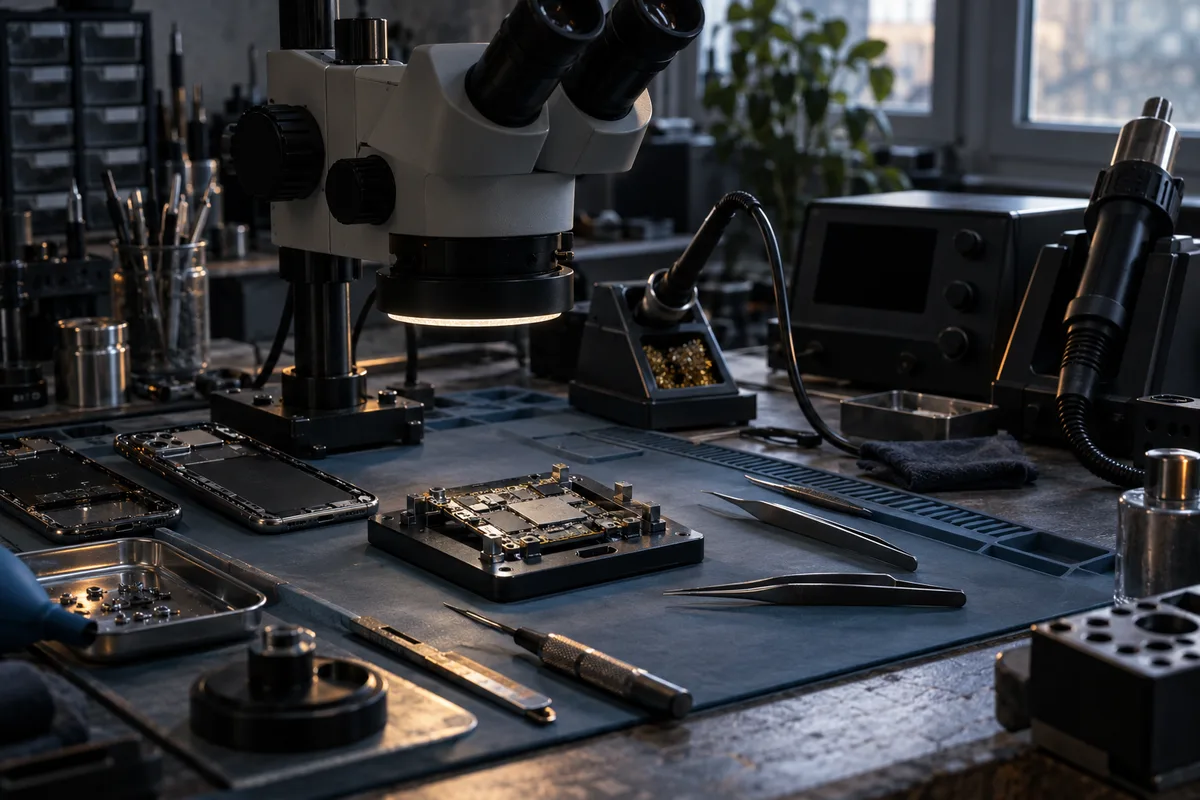 Station de microsoudure et microscope sur un établi de réparation de carte mère de smartphone