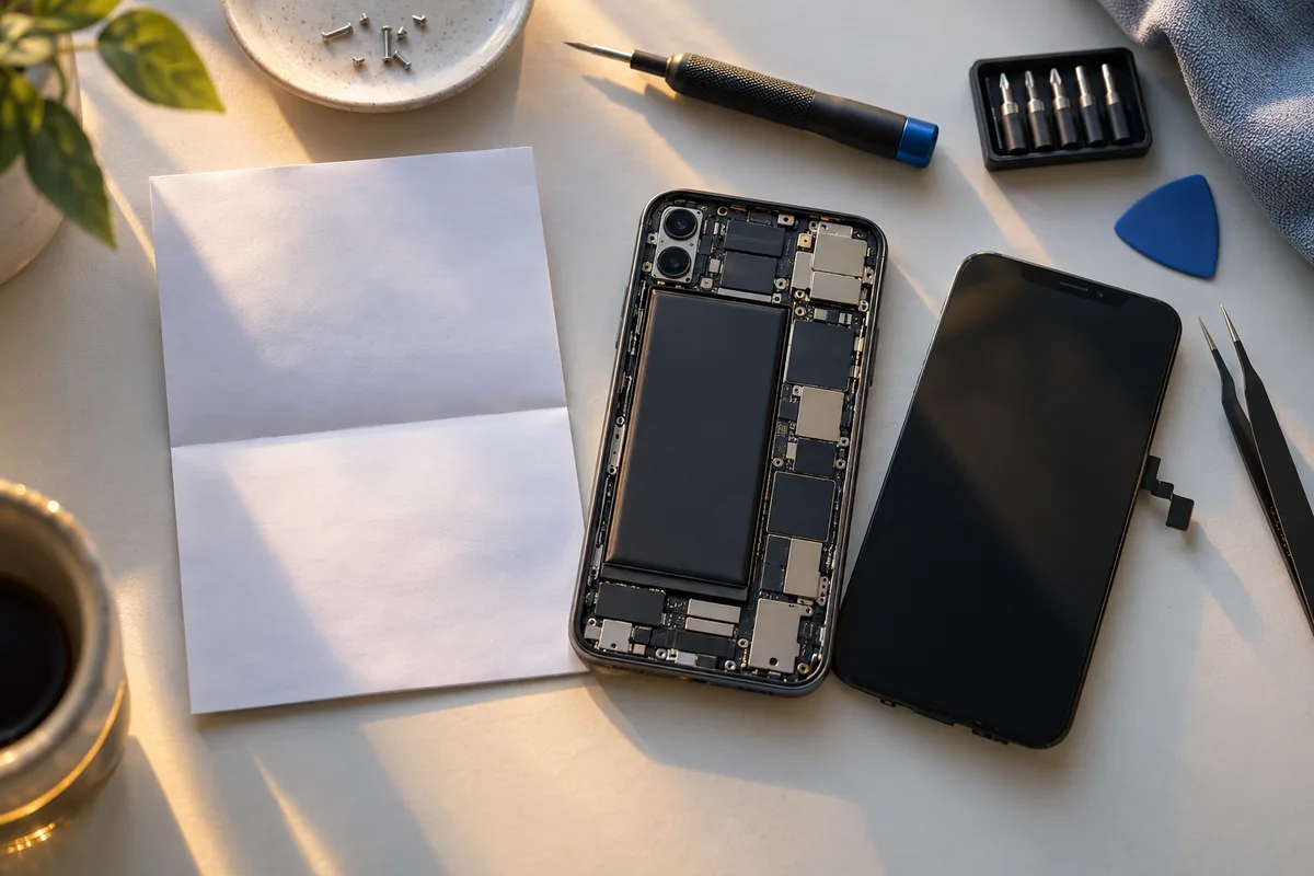 Téléphone ouvert à côté de sa facture d’achat et d’un kit d’outils de réparation